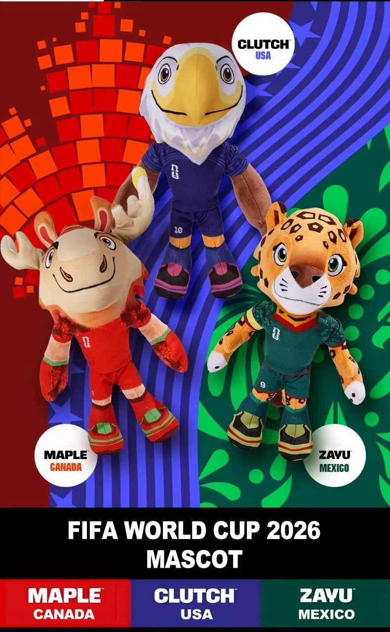 Three FIFA World Cup 2026 mascots from Canada, USA, and Mexico on a colorful background.