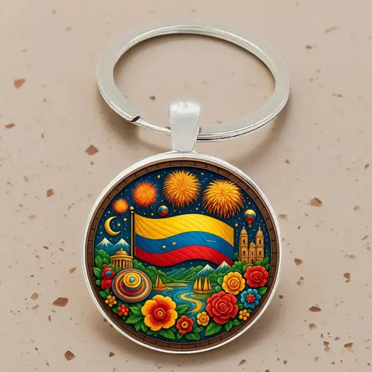 Colombia Flag Keychain – Round Glass Pendant Keyring with Metal Clip